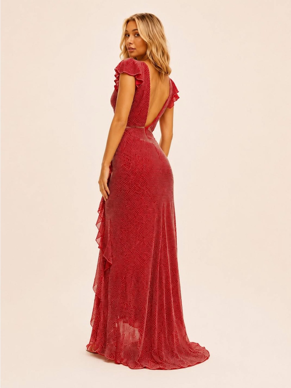 Elegant Red Ruffle High-Low Wrap Dress - Picture 2 of 2